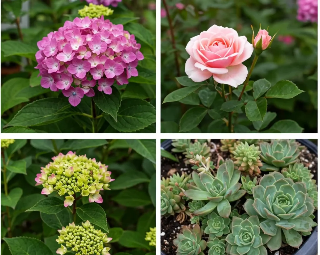 The Ultimate Guide to Watering Outdoor Plants: Best Methods, Tips & Mistakes to Avoid 2 Collage showing examples of high-water (hydrangea), moderate-water (rose), and low-water (succulent) plants, illustrating diverse watering requirements.