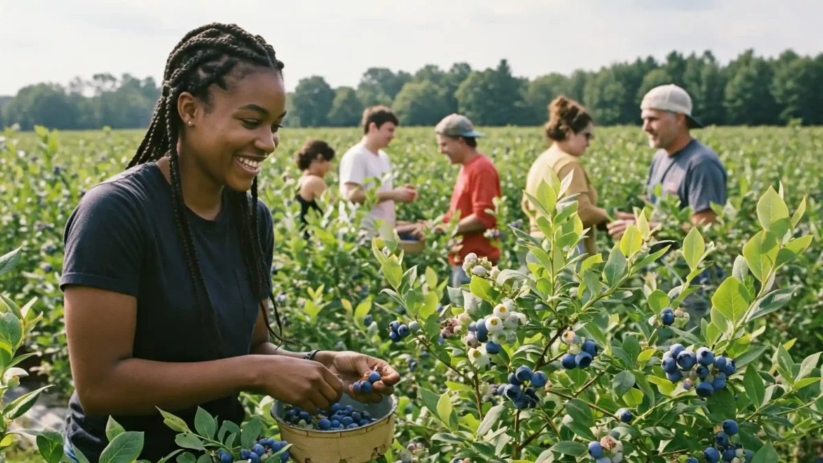 Harvesting ripe blueberries: young woman picking blueberries in a field, blueberry farm, blueberry picking.