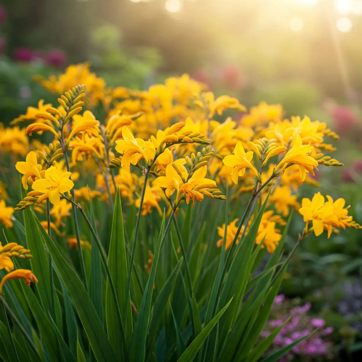 Close-up photorealistic image of bright golden-yellow Crocosmia 'George Davison' flowers in full bloom with green sword-like leaves, soft sunlight and blurred purple and orange companion flowers in background.