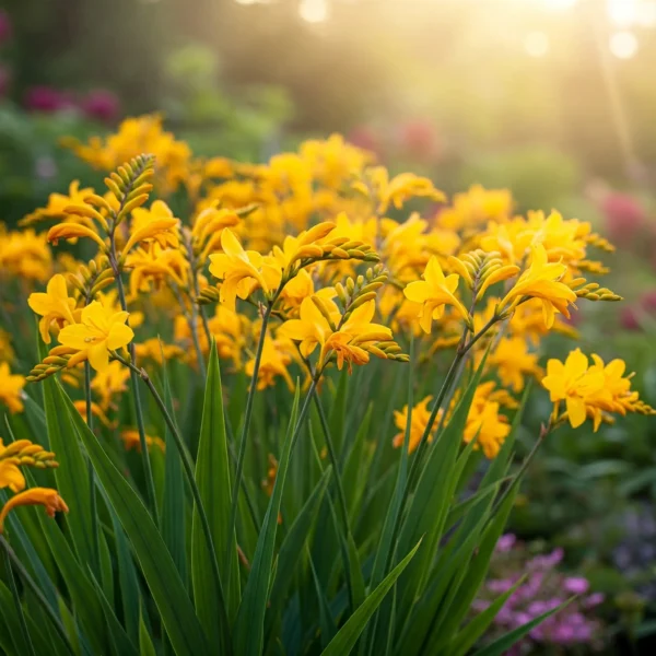 Close-up photorealistic image of bright golden-yellow Crocosmia 'George Davison' flowers in full bloom with green sword-like leaves, soft sunlight and blurred purple and orange companion flowers in background.
