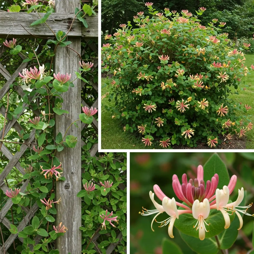 A collage-style image showing three different types of honeysuckle: a vining variety climbing a trellis, a shrub variety with a compact form, and a close-up of a particularly fragrant flower.