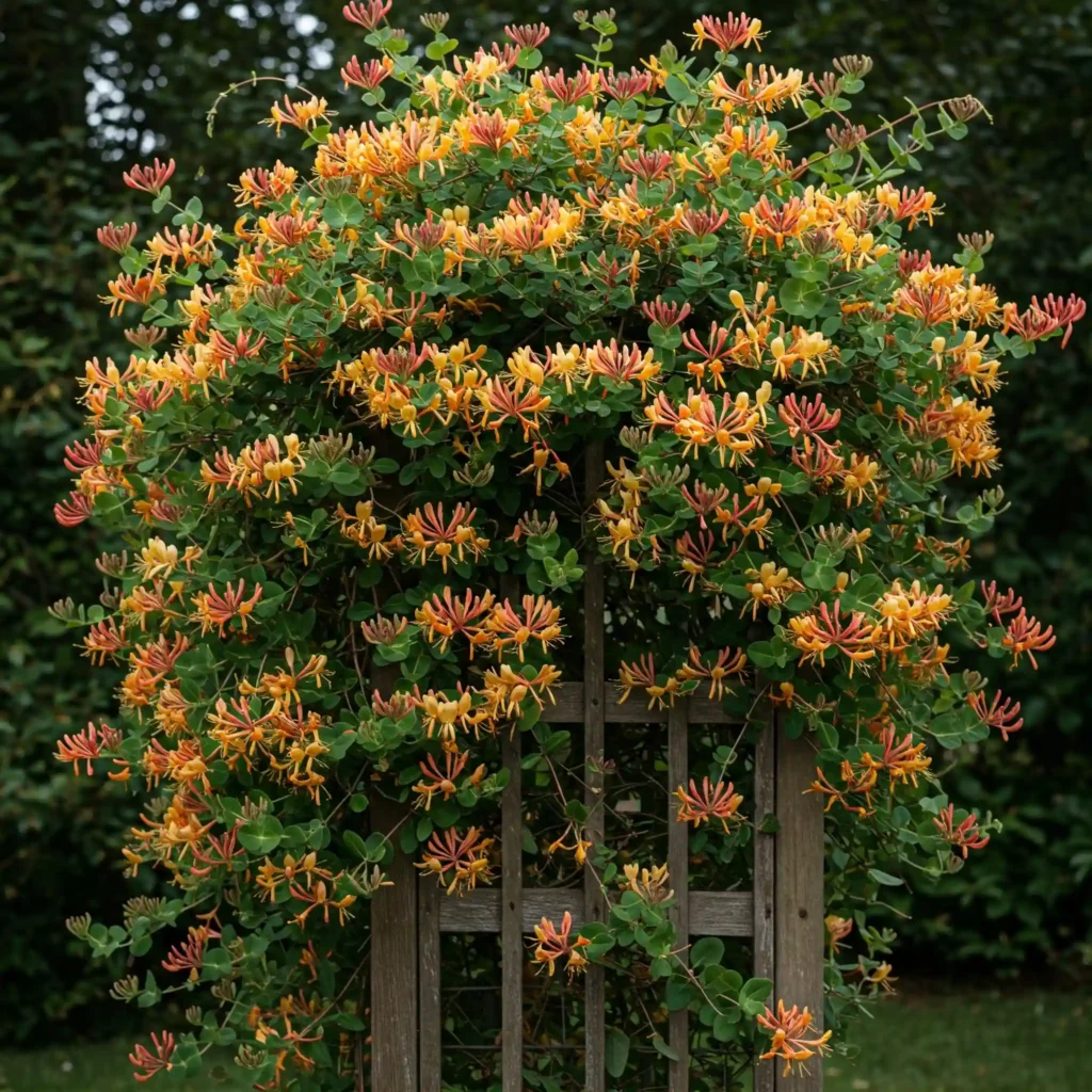 A healthy, thriving honeysuckle vine covered in blooms, climbing a trellis. The image should convey lush growth and vibrant color.