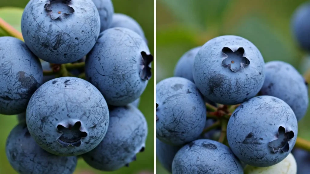 A close-up split-screen image showing ripe highbush blueberries on one side and ripe lowbush blueberries on the other, with a blurred garden background.