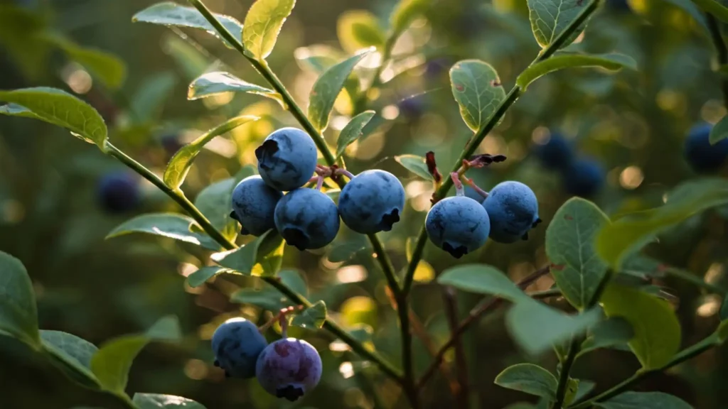 A close-up of a lowbush blueberry plant with ripe berries, showcasing its low-growing habit.