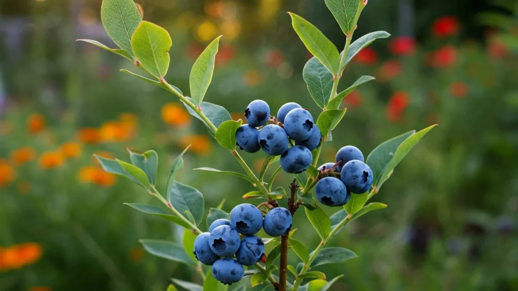 A healthy, mature highbush blueberry plant laden with ripe fruit in a garden setting.