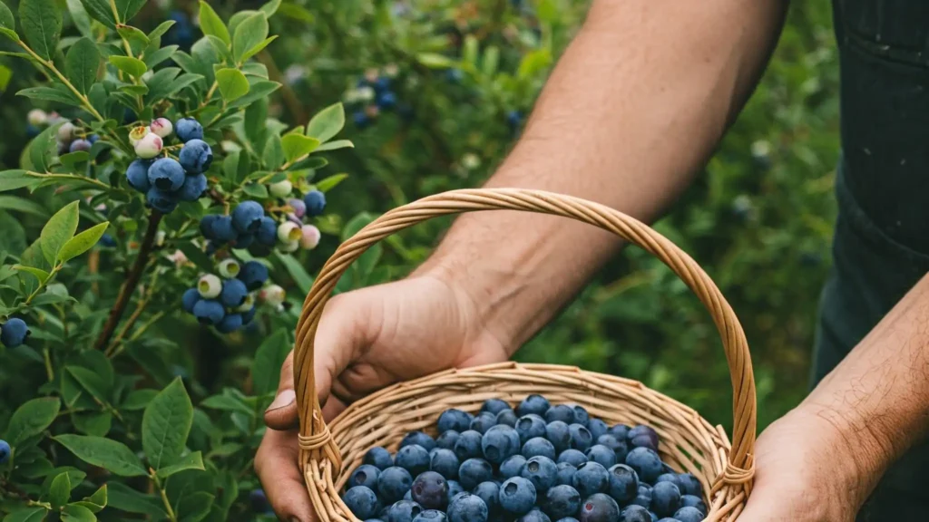 A gardener's hands holding a basket of freshly picked blueberries, with both highbush and lowbush plants visible in the background.