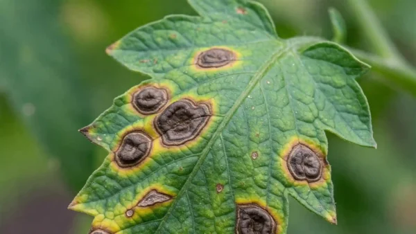 Close-up of a tomato leaf showing multiple lesions caused by Early Blight. The dark brown spots are circular with clear concentric rings, giving them a target-like appearance. Significant yellowing (chlorosis) is present around the spots and on the leaf margins. Preventing and Treating Plant Fungal Infections