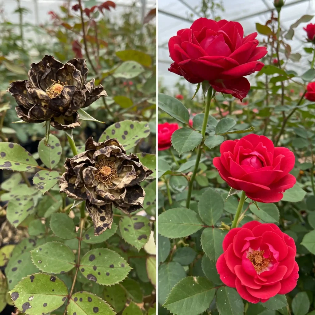 Before and after treatment of a plant disease.