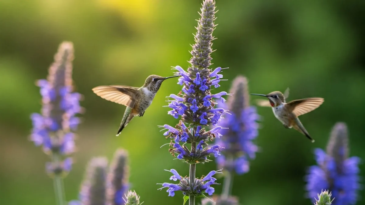 an image of a close-up, vibrant photo of a plant, Agastache 'Blue Boa' in full bloom, with several flower spikes visible. The background is softly blurred, showcasing a garden setting. A hummingbird is hovering near one of the flower spikes, feeding.