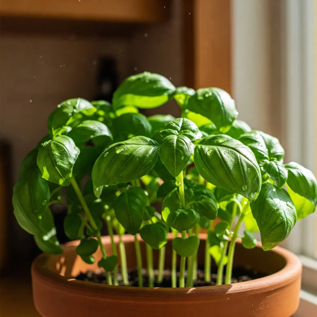 A close-up, vibrant photo of a healthy basil plant with lush green leaves, growing in a terracotta pot on a sunny windowsill. Natural light is streaming in. Some leaves are slightly wet, suggesting recent watering. The background is softly blurred, showing a hint of a kitchen interior