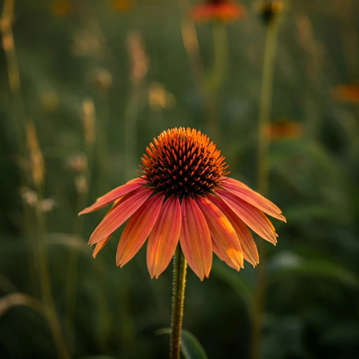 A vibrant orange Echinacea purpurea 'Sundown' coneflower in full bloom, bathed in warm sunlight. The flower's petals are soft and delicate, with a gentle curve that draws the eye to the center cone. The background is blurred, creating a sense of depth and highlighting the beauty of the coneflower.