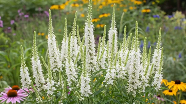 Veronicastrum virginicum 'Album' (White Culver's Root) in full bloom, showing tall white flower spikes in a garden setting.