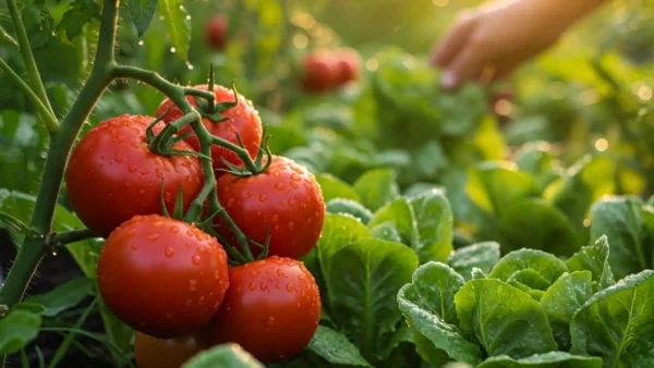 Photorealistic image of vibrant, healthy garden vegetables (tomatoes, lettuce) glistening with morning dew, soft focus background, warm sunlight. A pair of hands gently tends to a healthy plant thanks to homemade garden insecticides