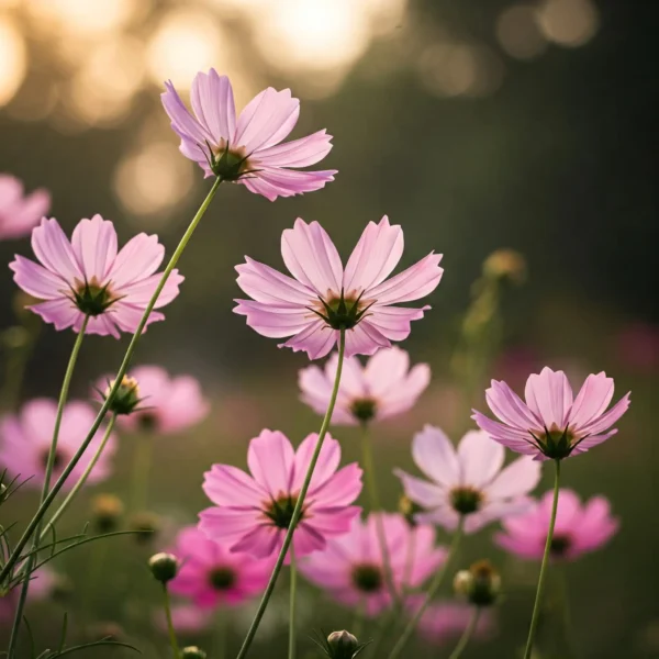 A dreamy close-up of several light pink cosmos flowers (Cosmos bipinnatus) reaching towards a warm, golden light in the background. Delicate, papery petals radiate from dark centers atop slender green stems. Some flowers are sharply focused in the foreground, while others fade into a soft, blurry green and pink backdrop, creating a peaceful, garden atmosphere.