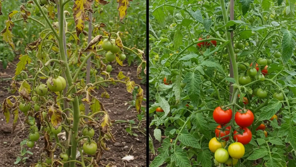 Comparison of diseased tomatoes without crop rotation and healthy ones thanks to crop rotation.