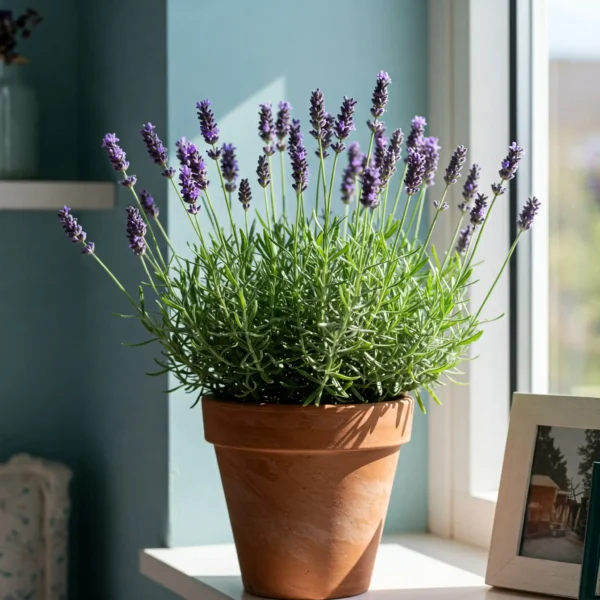 Blooming lavender in a pot on a sunny windowsill as a natural way to repel spiders and insects at home