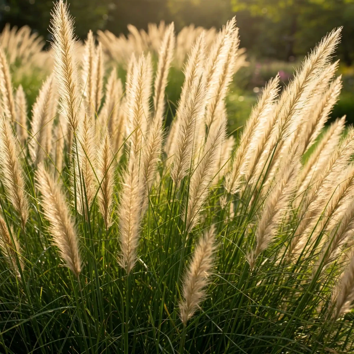 A close-up photograph of a clump of Pennisetum alopecuroides 'Hameln' grass, also known as dwarf fountain grass, featuring its characteristic feathery, beige plumes illuminated by warm, golden sunlight. The sunlight highlights the delicate texture of the plumes and creates a soft, ethereal glow. Lush green foliage is visible at the base of the grass, with a blurred background of greenery and hints of light.