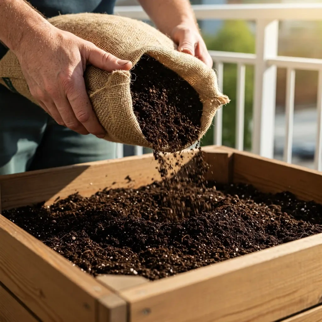 Replacing soil in balcony boxes is an important element of growing vegetables in containers.