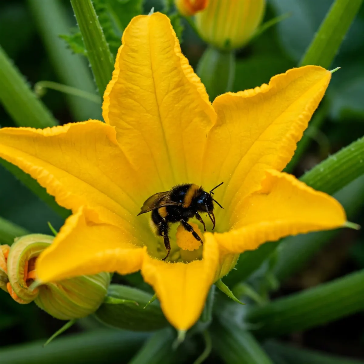 A tightly framed, top-down shot showcases a vibrant yellow zucchini flower in full bloom, with a bumblebee busily engaged in pollination within its depths. The flower's five velvety petals radiate outwards, creating a star-like shape that draws the eye to the center. The interior of the blossom reveals delicate yellow and green structures where the pollen and nectar reside, and the bumblebee, with its characteristic black and yellow bands of fur, is positioned centrally, its legs gripping the flower's reproductive parts as it collects resources.