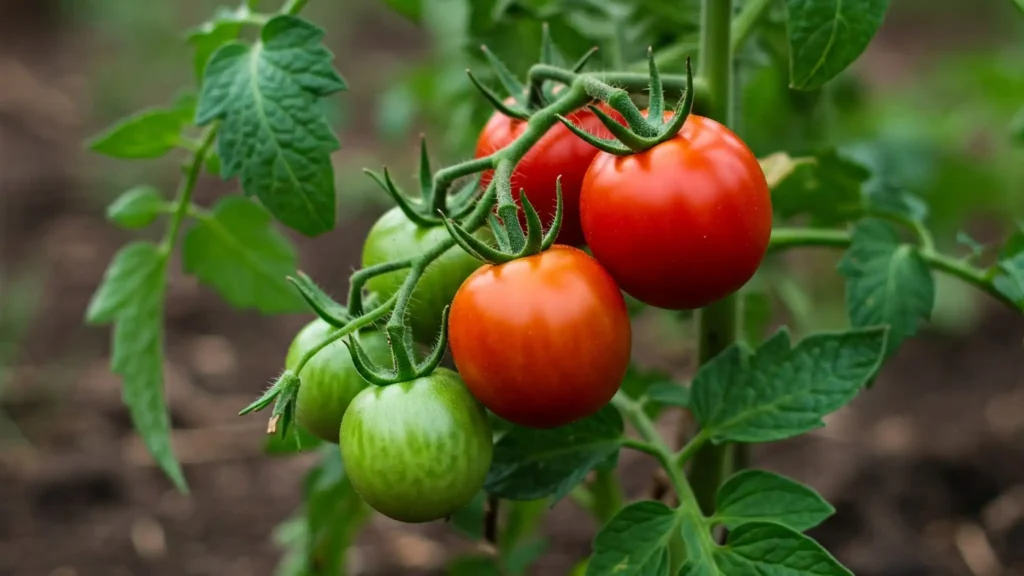 Handling powdery mildew? Your Tomato's White Coat Decoder 1 Vibrant image of Growing Tomato Plants with a cluster of developing tomatoes, some still green and others turning a rich red, against dark garden soil.