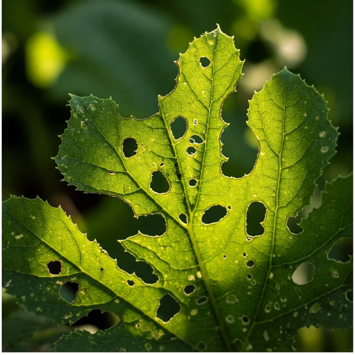 A close-up shot illuminates a vibrant green zucchini leaf riddled with irregular holes, the sunlight dramatically backlighting the perforations and highlighting the leaf's intricate veining. The edges of the leaf show signs of nibbling, suggesting insect activity. The blurred background hints at a lush garden setting, bringing the focus sharply onto the damaged foliage. This image effectively captures the common garden issue of Holes in Zucchini Leaves, a visual indicator of potential pest infestation or damage.