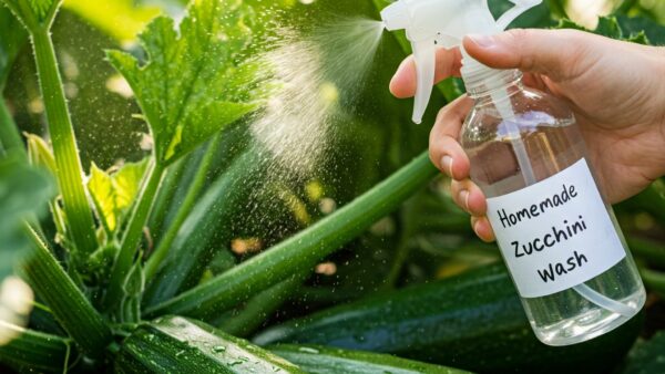 Homemade Zucchini Wash". The hand is actively spraying a fine mist onto lush green zucchini plants, including developing zucchini fruits visible among the large leaves. Droplets of the spray are suspended in the air, catching the sunlight and creating a sparkling effect. The label on the bottle is handwritten in black marker on a white sticker, clearly indicating the contents are intended for zucchini care. The background shows more out-of-focus zucchini foliage, suggesting a thriving garden environment. This image visually illustrates the application of a Homemade Soap Spray for Zucchini Pest control, emphasizing a natural and DIY approach to garden care.