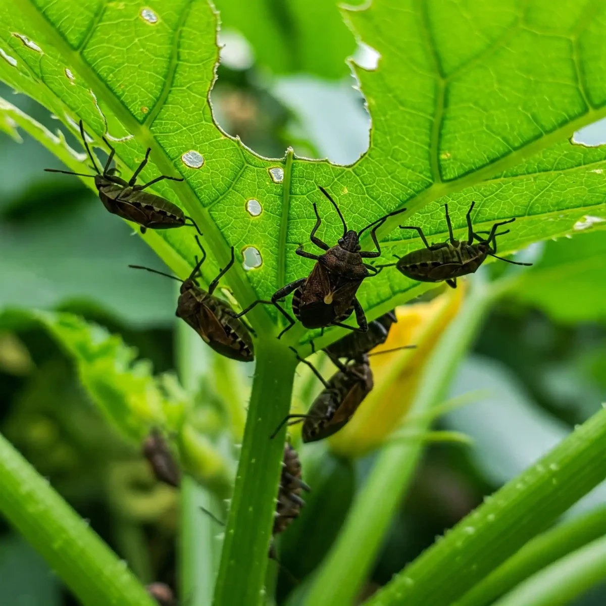 Green leaves eaten by squash bugs because of lack of prevention and control methods applied on zucchini