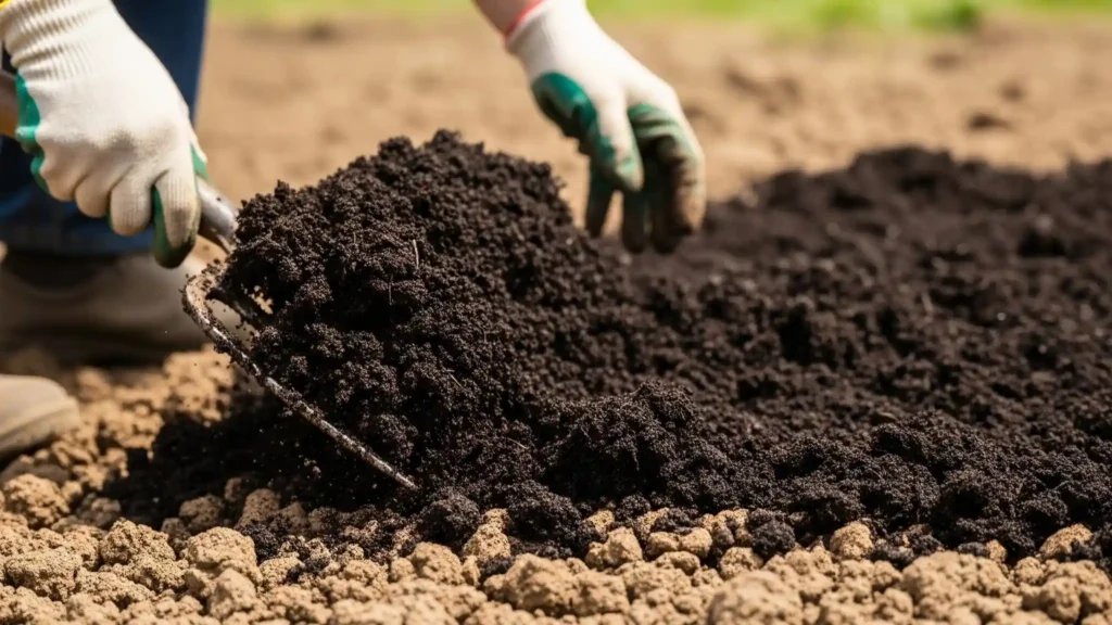 Can plants grow well in clay soil? Spoiler alert: Beautifully, indeed! 2 A gardener spreading rich, dark compost onto a bed of dense clay soil with a shovel or fork, preparing it for planting.