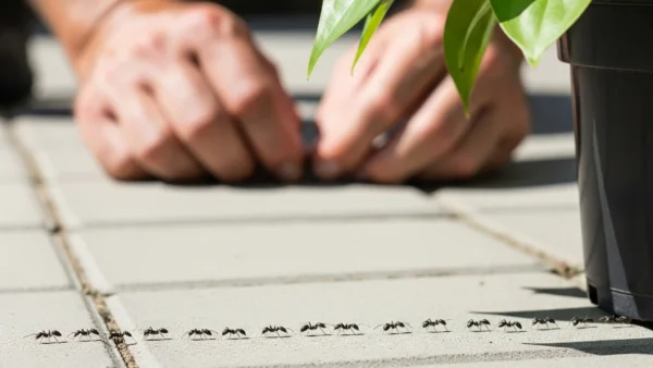 A line of ants marching towards a potted plant, with a concerned gardener looking on, illustrating the problem of ants in plant soil.