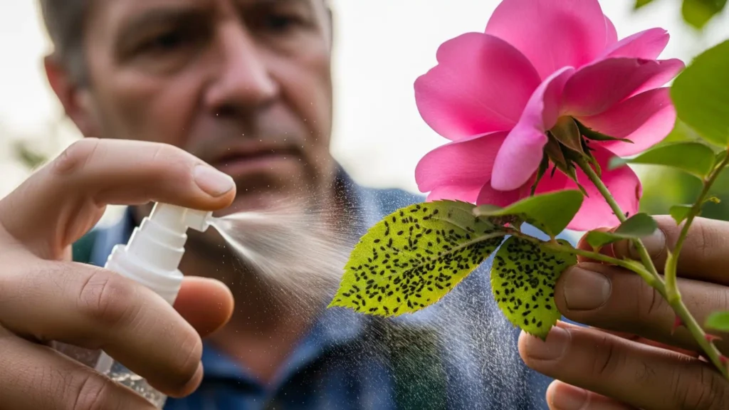 The Truth About DIY and Store-Bought Insecticidal Soap (And How to Use It Right!) 3 Gardener applying insecticidal soap thoroughly to the underside of leaves to target aphids and other plant pests.