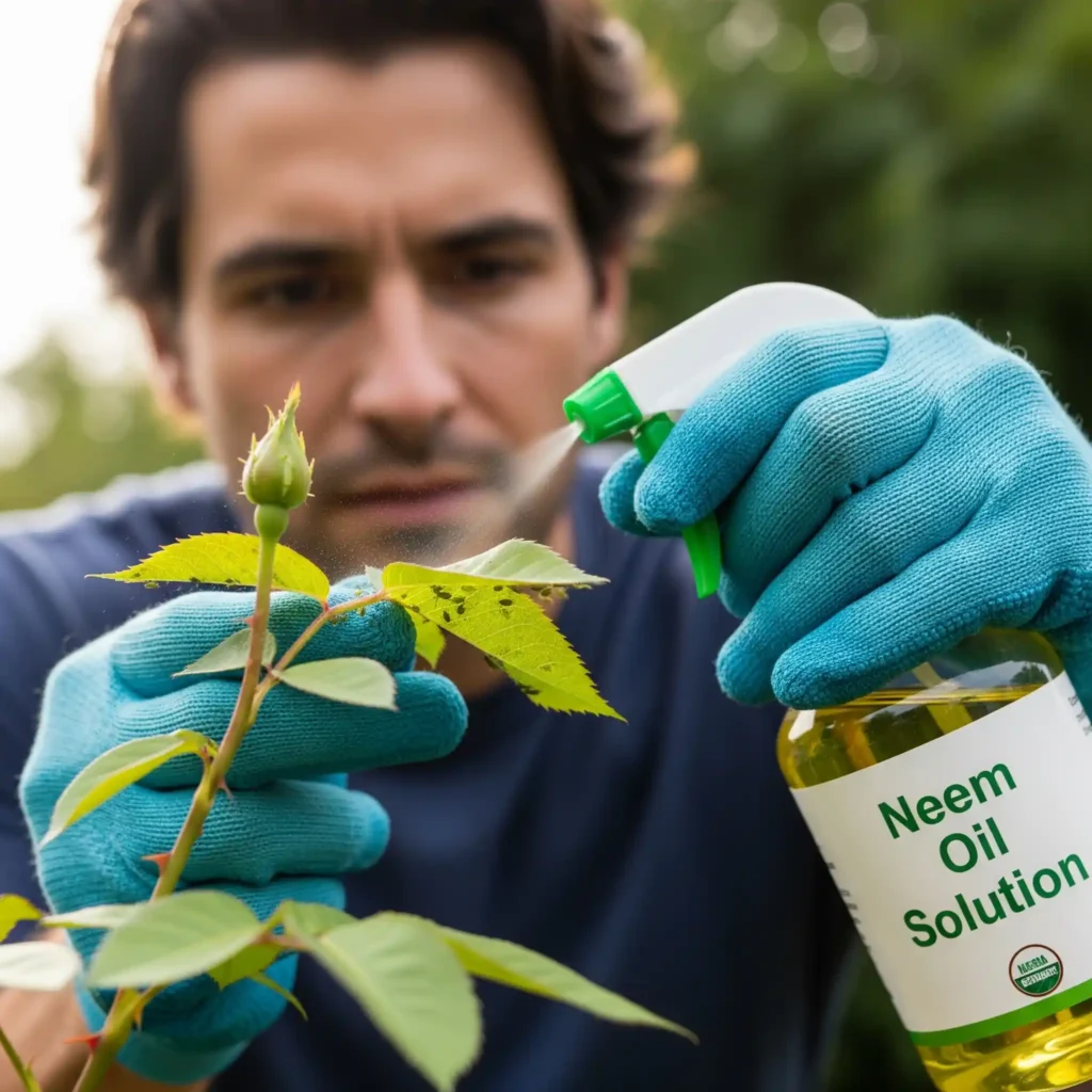 Gardener safely applying diluted neem oil spray to a plant leaf for effective pest control of aphids.