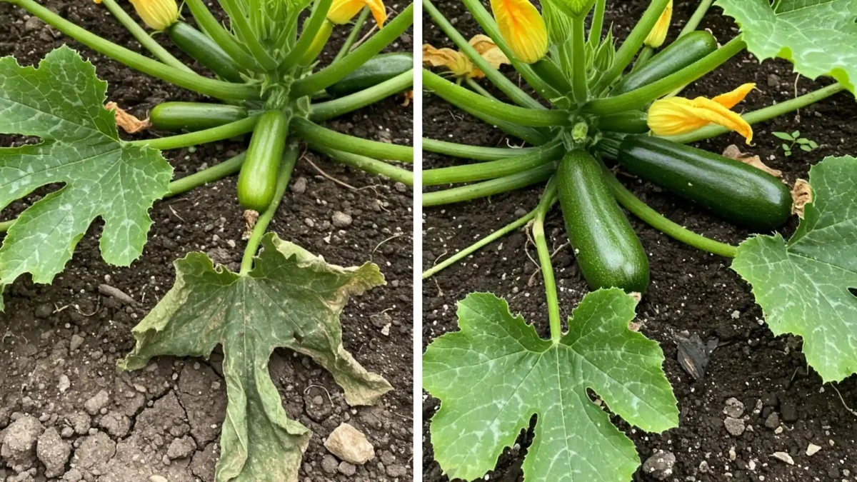 The image is divided into three distinct sections, visually contrasting the effects of improper watering on a zucchini plant with a healthy, well-watered specimen. On the left, a zucchini plant exhibits signs of underwatering. Its large, lobed leaves droop dramatically and appear wilted, some showing brown, crispy edges. The soil around the base of the plant looks dry and cracked, indicating a lack of sufficient moisture. A small zucchini fruit is present but appears somewhat stunted. In the center, a healthy and thriving zucchini plant is depicted. Its leaves are vibrant green, turgid, and held upright, showcasing their healthy state. Several bright yellow blossoms and developing dark green zucchini fruits of various sizes are visible, indicating successful growth and productivity. The soil around this plant appears consistently moist but not waterlogged. On the right, another zucchini plant displays symptoms of overwatering. Several of its leaves show signs of yellowing (chlorosis), particularly near the base of the plant, suggesting root stress or nutrient deficiencies caused by excessive moisture. The soil in this section appears dark and saturated, possibly even showing standing water or a sheen, indicating poor drainage and overly wet conditions. The overall style of the image is informative and slightly illustrative, clearly highlighting the visual differences between a properly watered, underwatered, and overwatered zucchini plant. This visual comparison effectively communicates common watering mistakes and their impact on the plant's health and productivity.