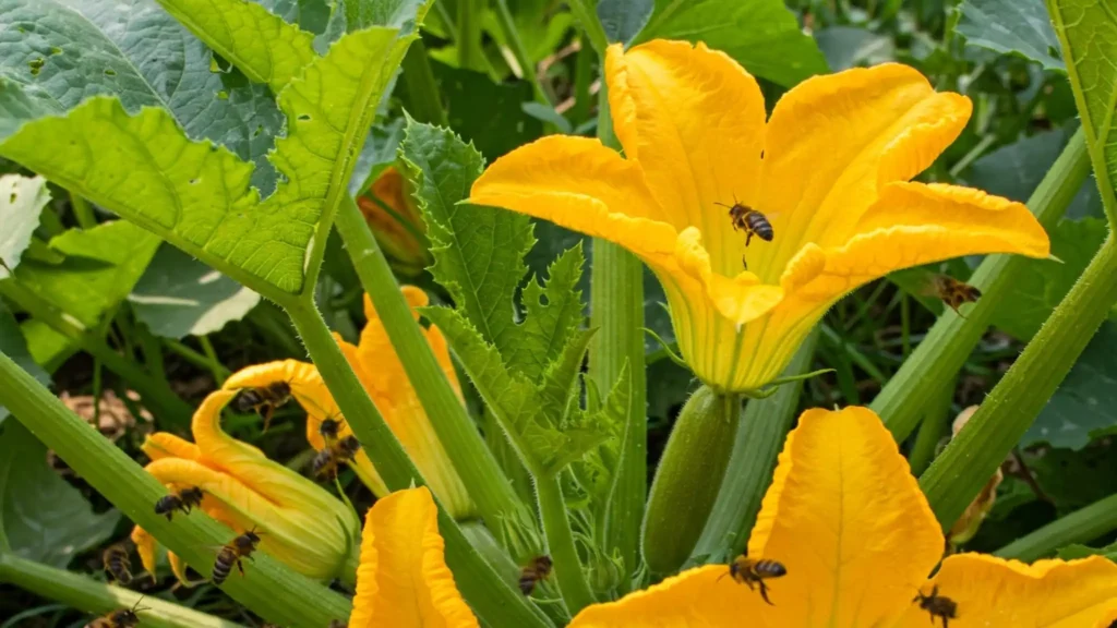 A vibrant, eye-level close-up captures the bustling activity around several bright yellow zucchini blossoms. The large, trumpet-shaped flowers, characteristic of Cucurbita pepo (which includes zucchini), are the focal point, their petals slightly ruffled and revealing a glimpse into their pollen-rich interiors. Several honeybees, their fuzzy bodies a mix of brown and black, are depicted in mid-flight, wings blurred with motion, as they navigate around and within the flowers, diligently collecting nectar and pollen.