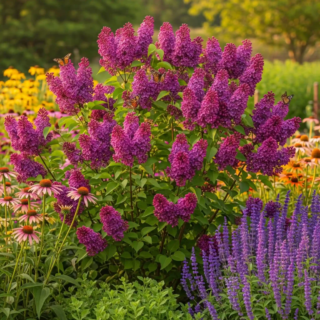 A Bloomerang Dark Purple lilac blooming in a mixed garden border, showcasing its use as a fragrant, long-blooming shrub attractive to pollinators.