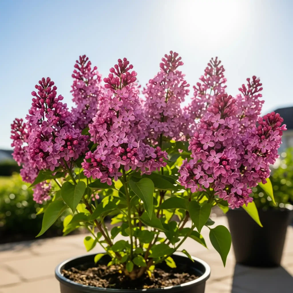 A Bloomerang® series lilac in a decorative pot, showcasing its reblooming capability with flowers present alongside green foliage, possibly in summer.