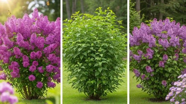Bloomerang lilac shrub shown reblooming from a heavy spring flower display to a beautiful fall encore, highlighting its long bloom season.