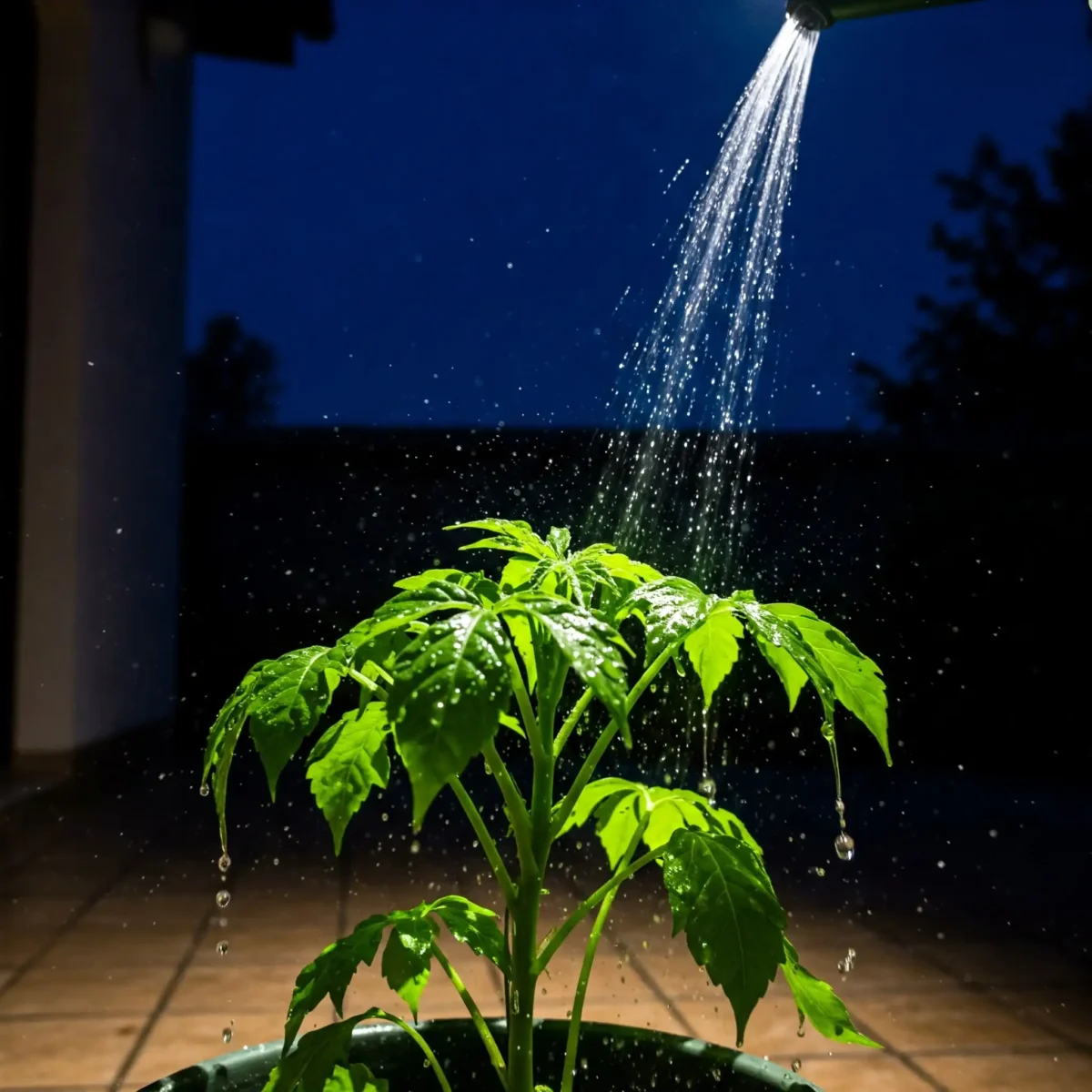 A vibrant green plant in a pot is being gently showered with water from a watering can under the soft glow of a nighttime light. The dark blue sky and surrounding darkness emphasize the act of watering a plant after sunset, directly addressing the question, 'can you water plants at night?' Droplets of water glisten on the leaves, illustrating a common gardening practice.
