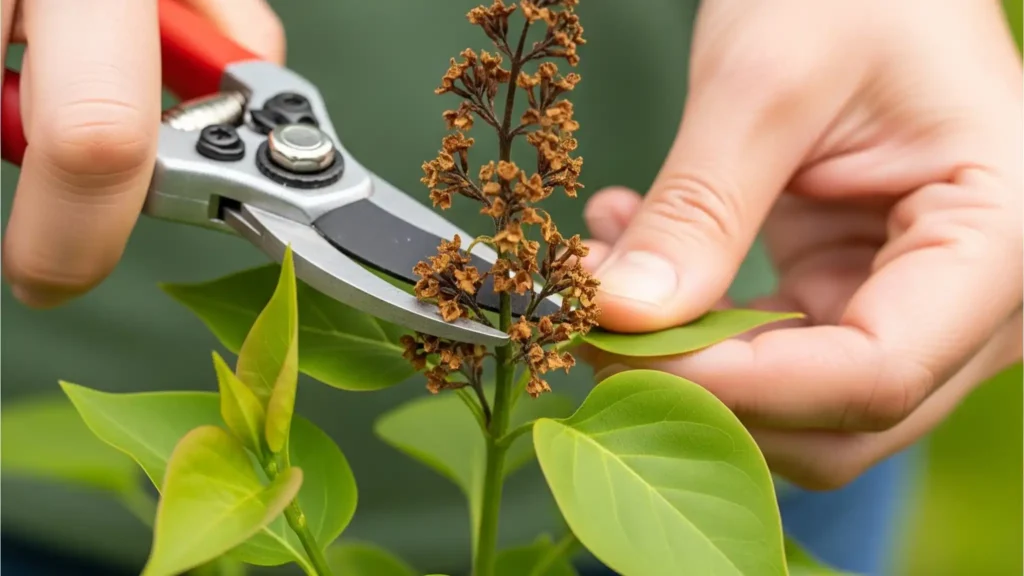 Gardener deadheading a Bloomerang lilac after its spring bloom, a crucial pruning step to encourage reblooming throughout the season.