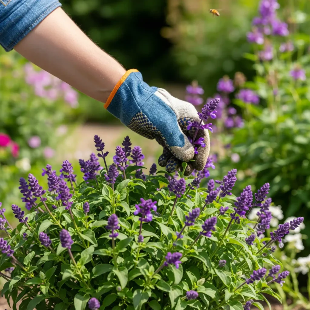 Learn How to Prune Your Bushy, Vining, and All Other Types of Plants Like a Pro 3 A gardener deadheads spent flowers from a mounding Salvia perennial to encourage continuous blooming.