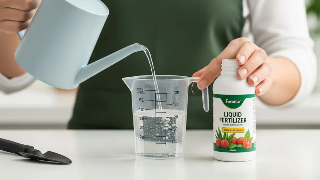 Identifying and Fixing Fertilizer Burn. Plant 911! Do You Have Too Much Love for Your Houseplants? 2 Hands demonstrating the proper dilution of liquid houseplant fertilizer in a measuring cup before application.