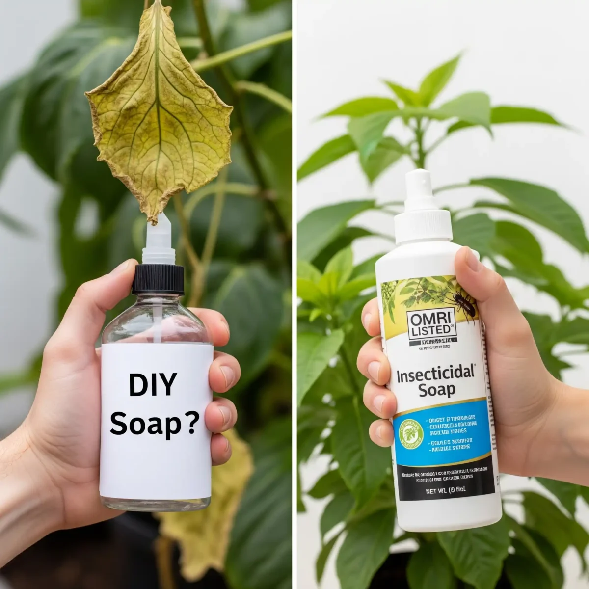 The Truth About DIY and Store-Bought Insecticidal Soap (And How to Use It Right!) 11 Comparison showing risks of DIY soap versus the safety of commercial insecticidal soap for treating plant pests.