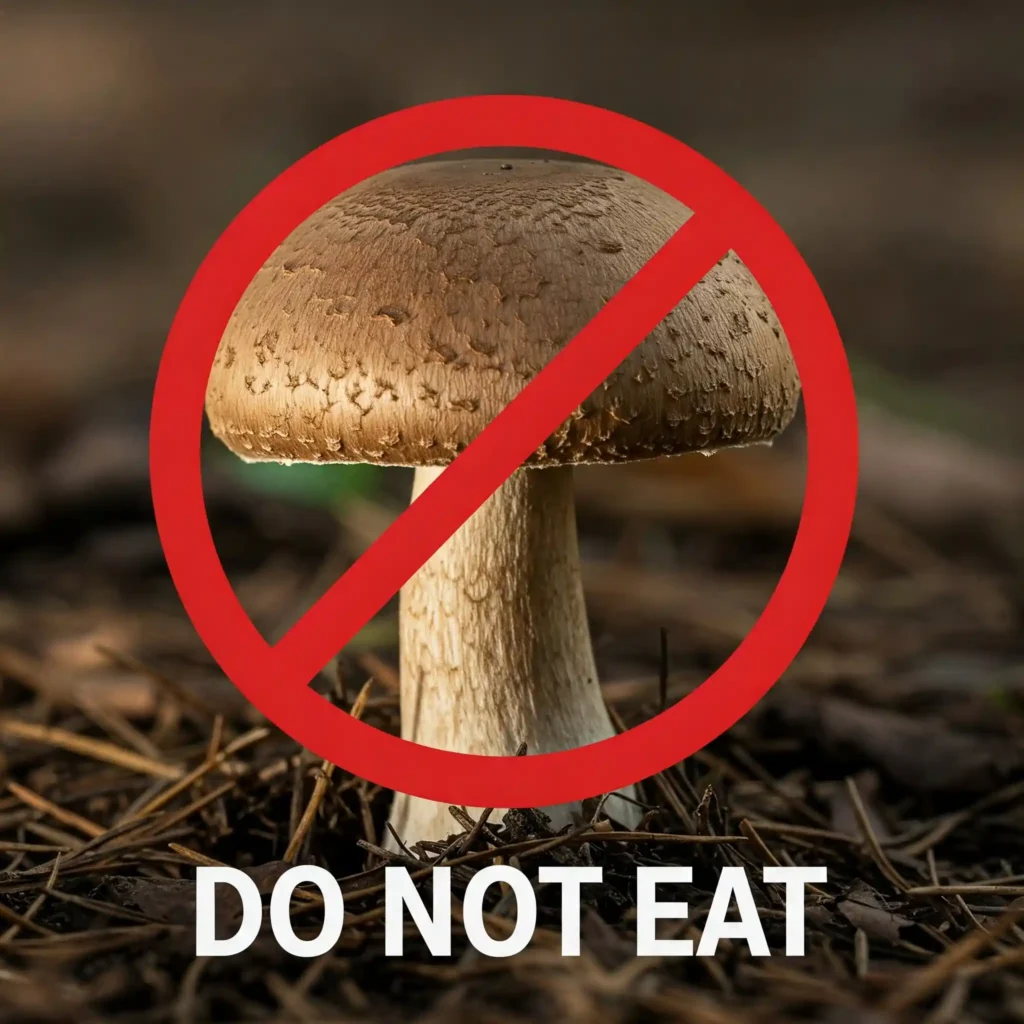 Warning symbol indicating not to eat unidentified mushrooms found growing in the yard due to poisoning risk.