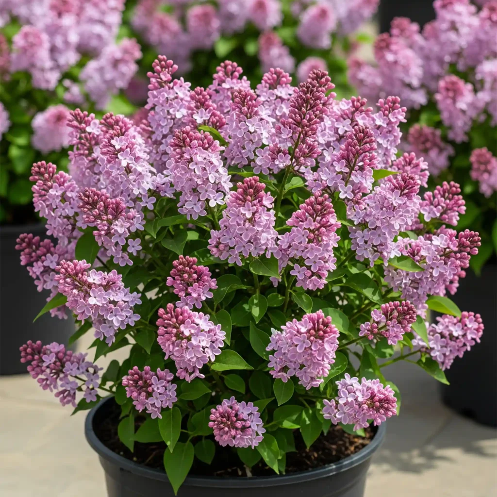 A compact Syringa meyeri 'Palibin' (Dwarf Korean Lilac) in a container, covered in fragrant lavender-pink flower panicles