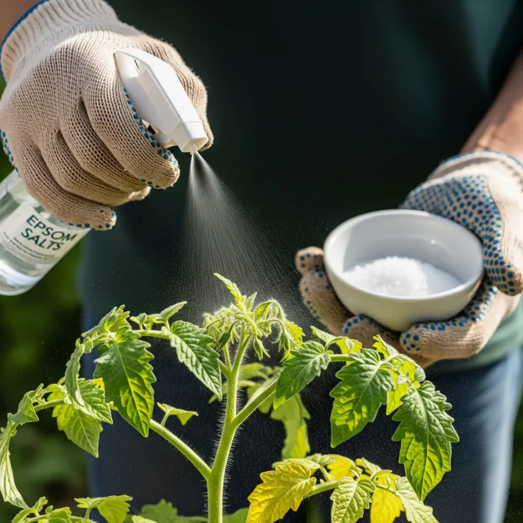 Yellow Leaves, Green Veins: Is Your Tomato Starving? 2 Gardener applying Epsom salts spray to tomato leaves as a solution for magnesium deficiency and interveinal chlorosis.
