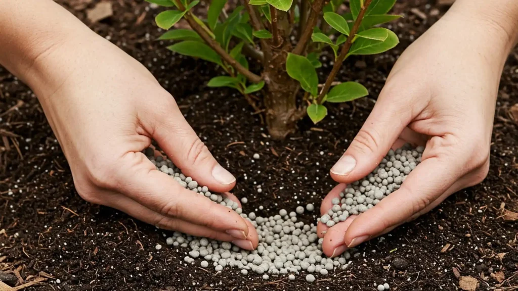 Close-up of a gardener's hands applying granular fertilizer correctly around the drip line of a Weigela shrub.