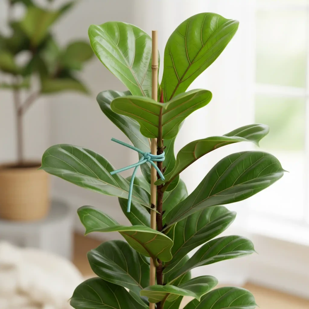 A young Fiddle Leaf Fig plant perfectly supported by a bamboo stake using soft, figure-eight plant ties.