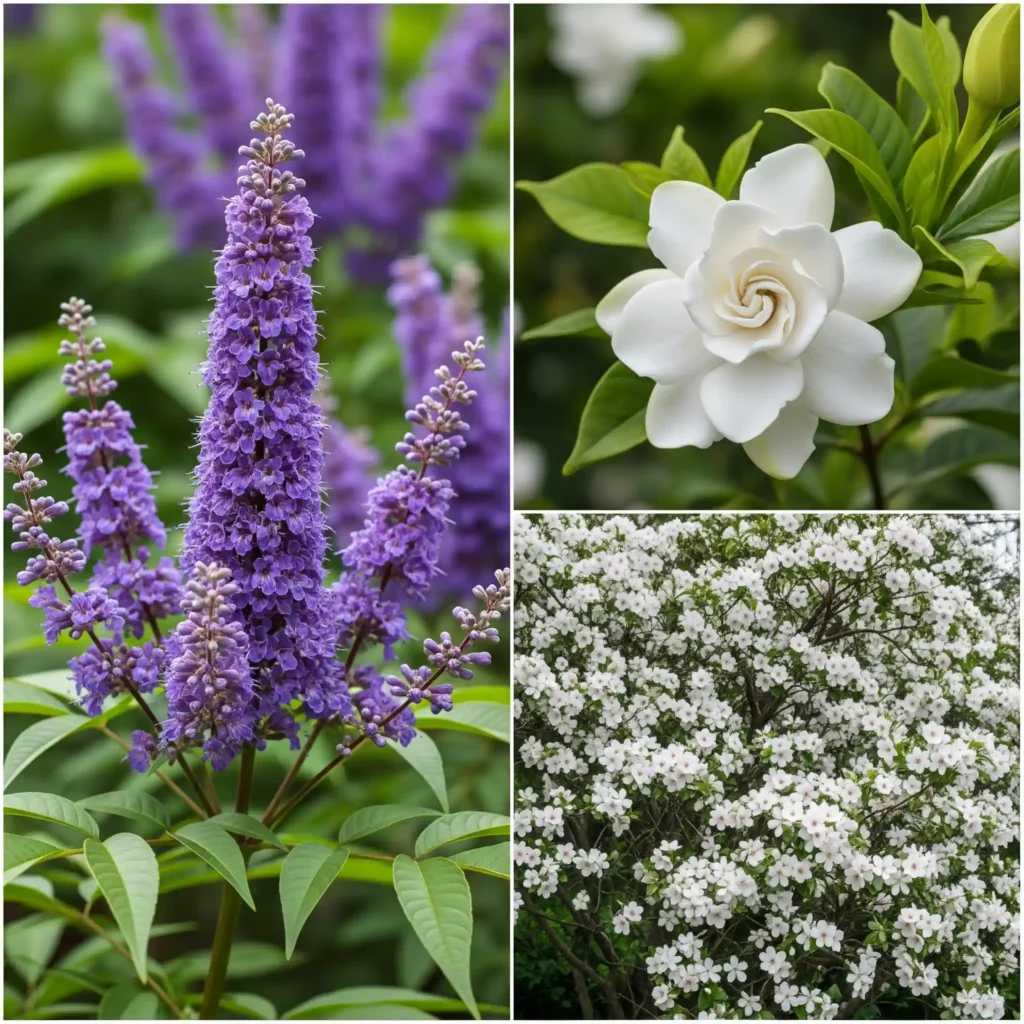 Collage of thriving Florida-friendly plants like Vitex and Gardenia, excellent fragrant alternatives to traditional lilacs in Florida.