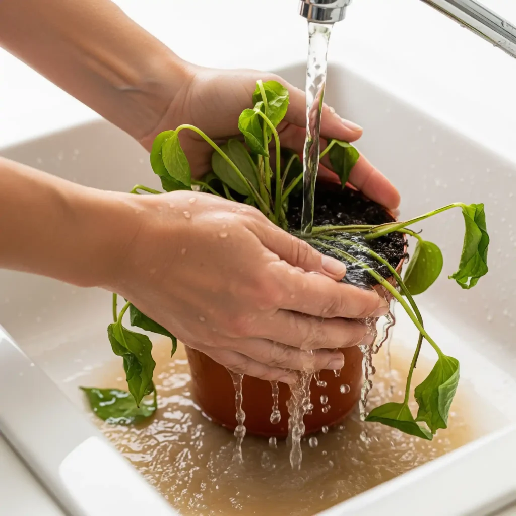 Identifying and Fixing Fertilizer Burn. Plant 911! Do You Have Too Much Love for Your Houseplants? 1 A person actively flushing a potted houseplant with room-temperature water to leach excess fertilizer salts from the soil.