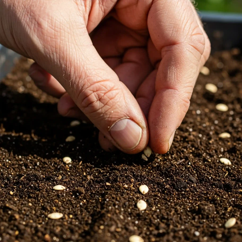 This is a close-up, high-quality image that captures a gardener's weathered hand carefully sowing tomato seeds into a prepared seed tray. The hand, with its slightly rough skin and visible veins, speaks to the experience of a seasoned gardener. The seed tray is filled with a rich, dark brown soil, which provides a beautiful contrast to the tiny tomato seeds. The seeds are meticulously placed, spaced evenly across the soil surface, highlighting the gardener's skill and care. The image is bathed in the soft, diffused light of a spring morning, creating a sense of tranquility and freshness. The background is intentionally blurred, keeping the focus on the gardener's hand and the delicate process of planting. The composition emphasizes the intimate connection between the gardener and the act of growing, the hopeful anticipation of future tomato plants, and the meticulous process of starting from seed.
