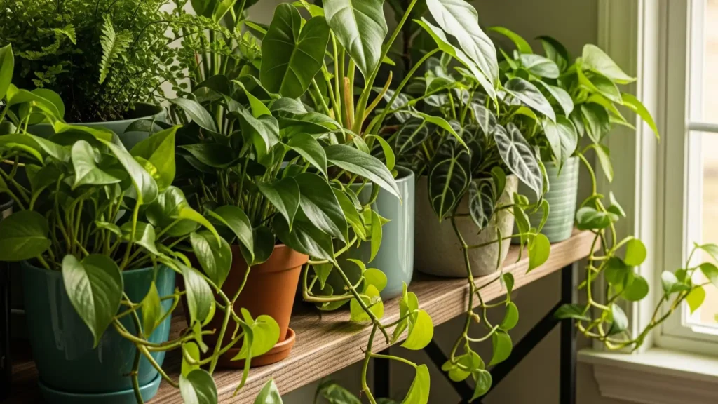 How to Control Humidity, Temperature, and Airflow for Healthy Plants 1 An arrangement of multiple houseplants clustered together to naturally increase local humidity through transpiration